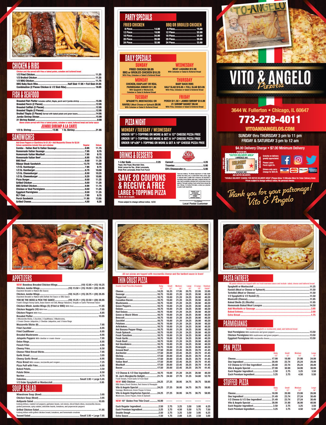 See Angelos and Vitos Full Menu: Classic Italian & New Specials.